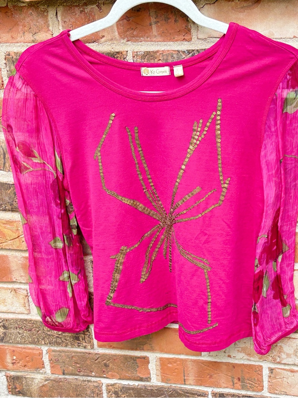 Kit Cornell Spider in Gold With Sheer Floral pattern Sleeves. Size 4